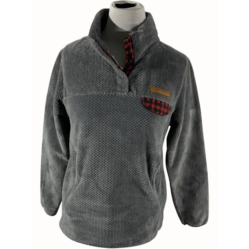 Simply Southern Youth Large Quarter Snap Pullover Fleece Pockets Gray Red Plaid